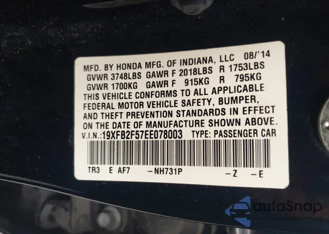 2014 Honda Civic Lx from USA, damaged, VIN 19XFB2F57EE078003